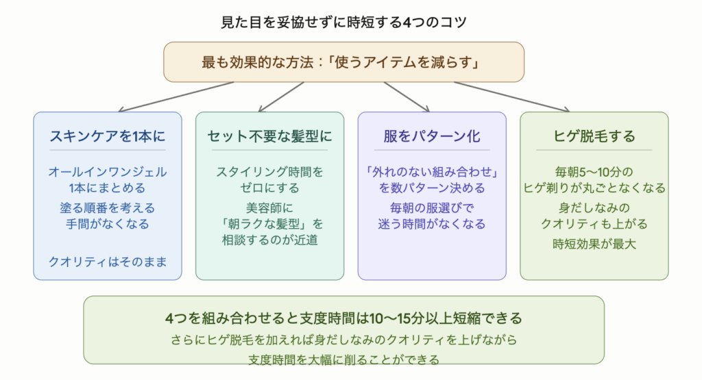 見た目のクオリティを保ちながら支度を時短する4つのコツを示した図解。アイテムを減らすことが基本方針で、スキンケアをオールインワンジェル1本にまとめる・セット不要な髪型にする・服を外れのない組み合わせ数パターンに固定する・ヒゲ脱毛で毎朝のヒゲ剃りをなくす、の4つを組み合わせると支度時間を10〜15分以上短縮できることを示している。