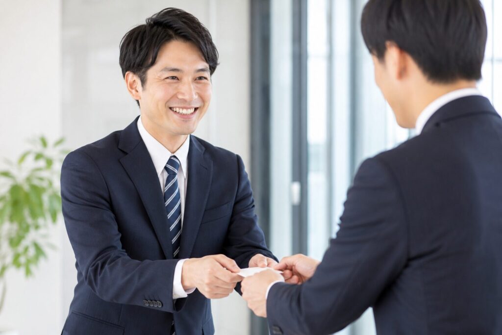 笑顔で名刺交換する男性
