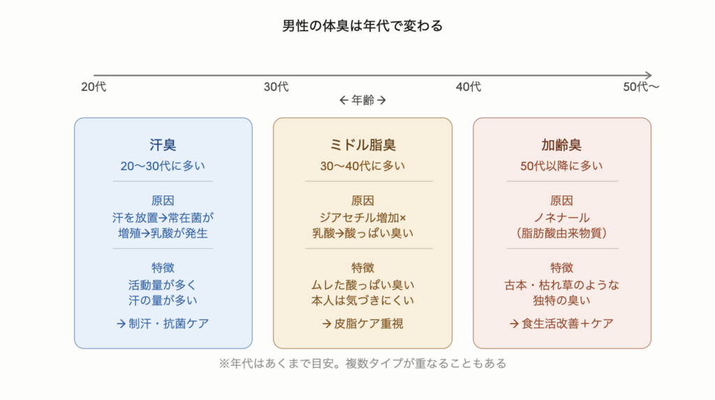 男性の体臭は年代で変わる。20〜30代は汗臭（常在菌による乳酸発生）、30〜40代はミドル脂臭（ジアセチルと乳酸の混合）、50代以降は加齢臭（ノネナール由来）。それぞれ原因と対策が異なることを示した図解。
