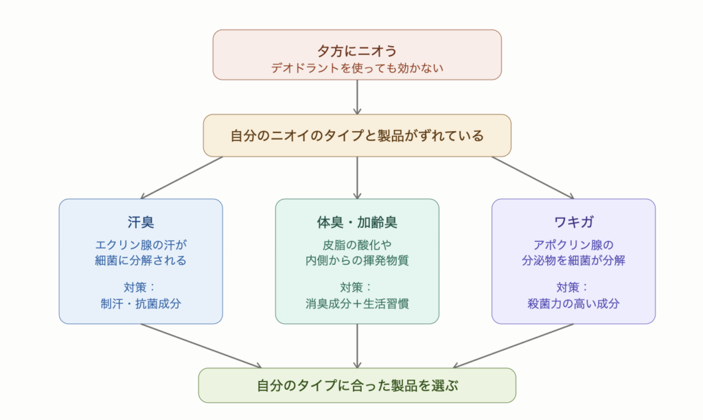 男性のニオイ3タイプと対策成分の違いを示した図