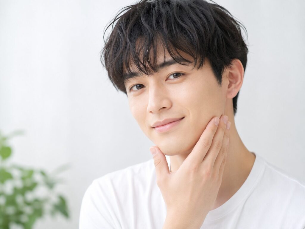 顎に手を当てている男性