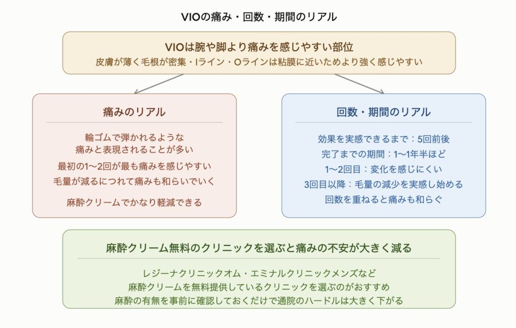 VIOの痛み・回数・期間のリアルを示した図解。VIOは皮膚が薄く毛根が密集しIラインやOラインは粘膜に近いため腕や脚より痛みを感じやすい部位。痛みのリアルは輪ゴムで弾かれるような痛みと表現されることが多く最初の1〜2回が最も強く毛量が減るにつれて和らいでいく。麻酔クリームでかなり軽減できる。回数は効果を実感できるまで5回前後・完了まで1〜1年半が目安で3回目以降から毛量の減少を実感し始める人が多い。麻酔クリームを無料提供しているクリニックを選ぶと痛みの不安が大きく減り通院のハードルは大きく下がる。